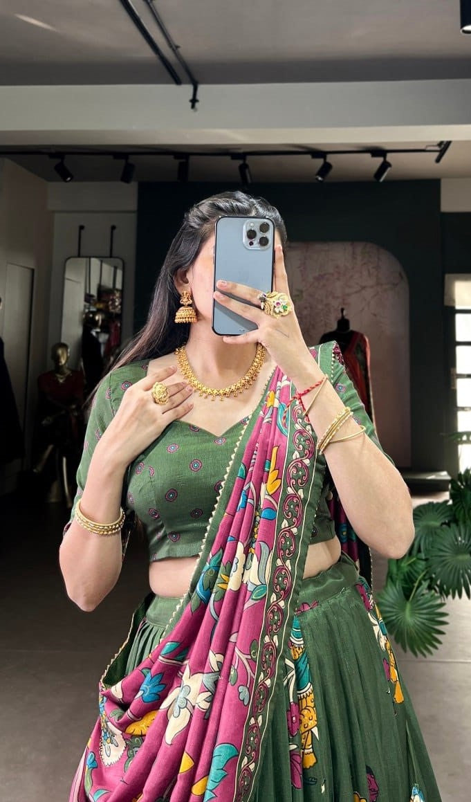 Trendy Green Tussar Silk Kalamkari With Foil Work Printed Lehenga
