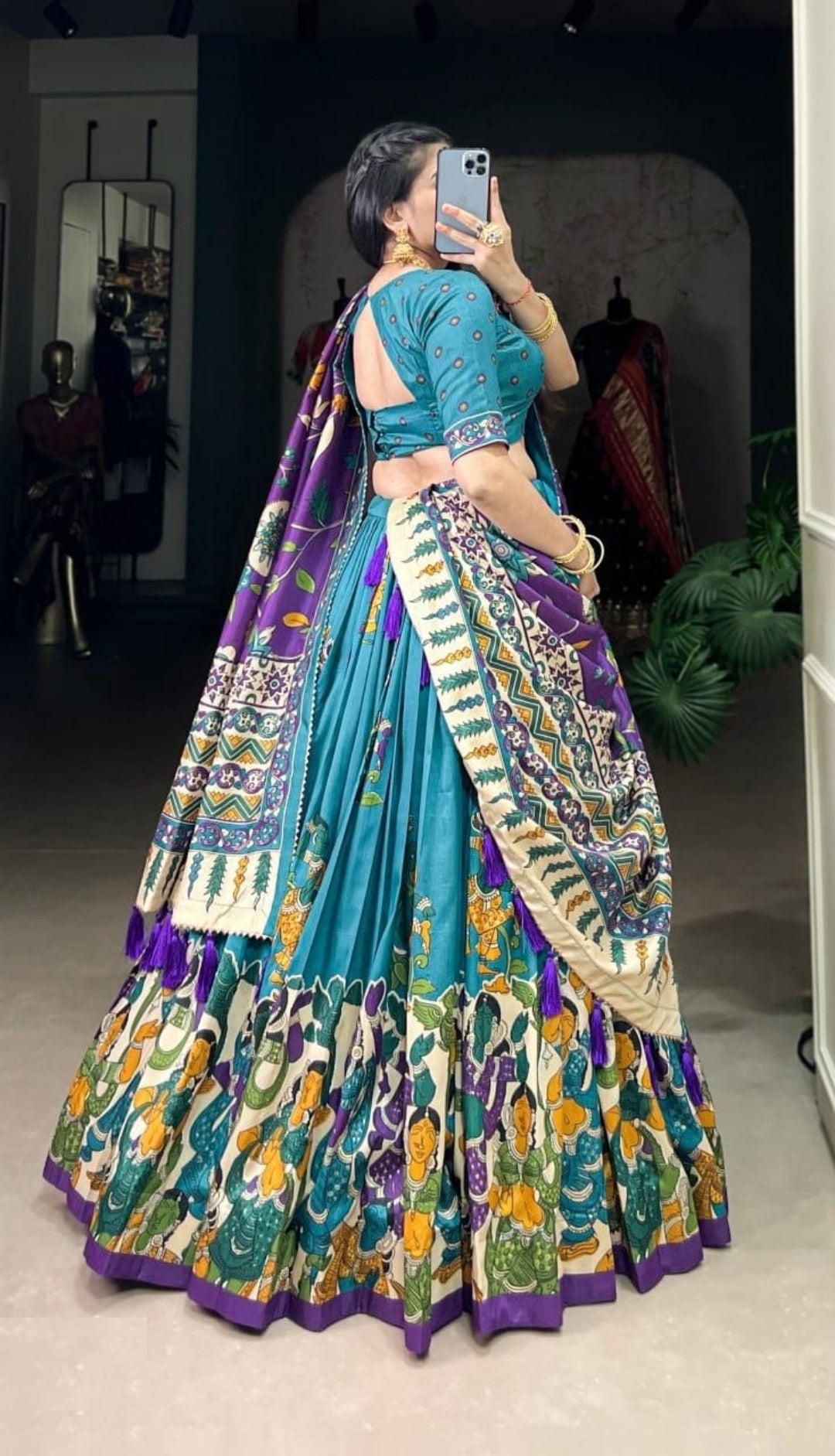 Dazzling Blue Tussar Silk Kalamkari With Foil Work Printed Lehenga