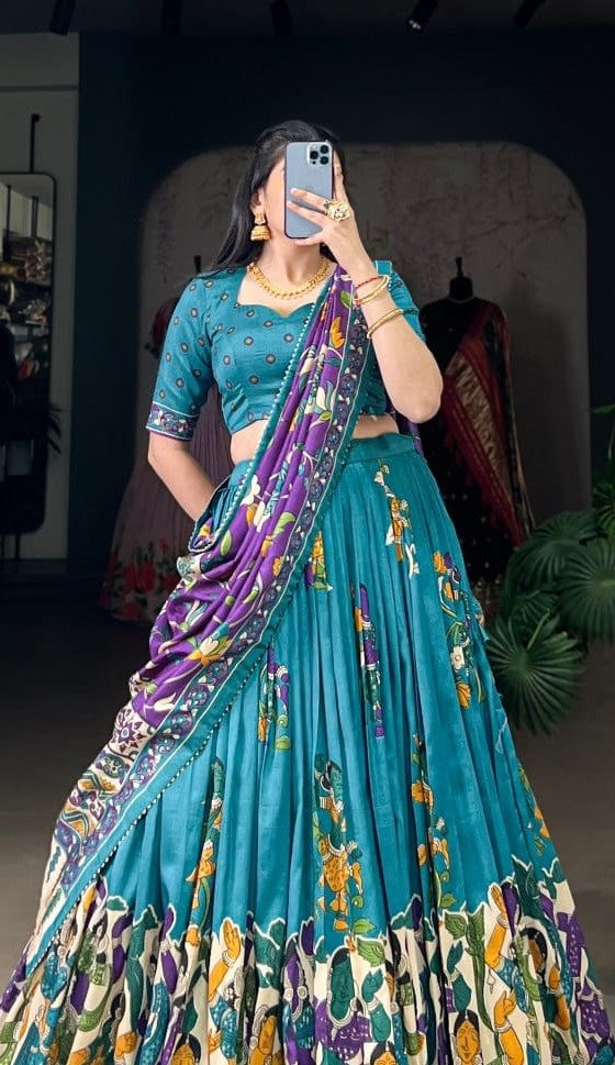 Dazzling Blue Tussar Silk Kalamkari With Foil Work Printed Lehenga