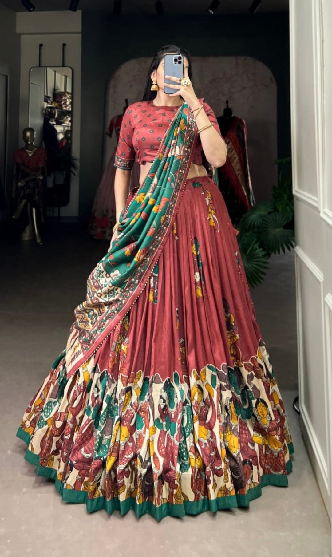 Flawless Rust Tussar Silk Kalamkari With Foil Work Printed Lehenga