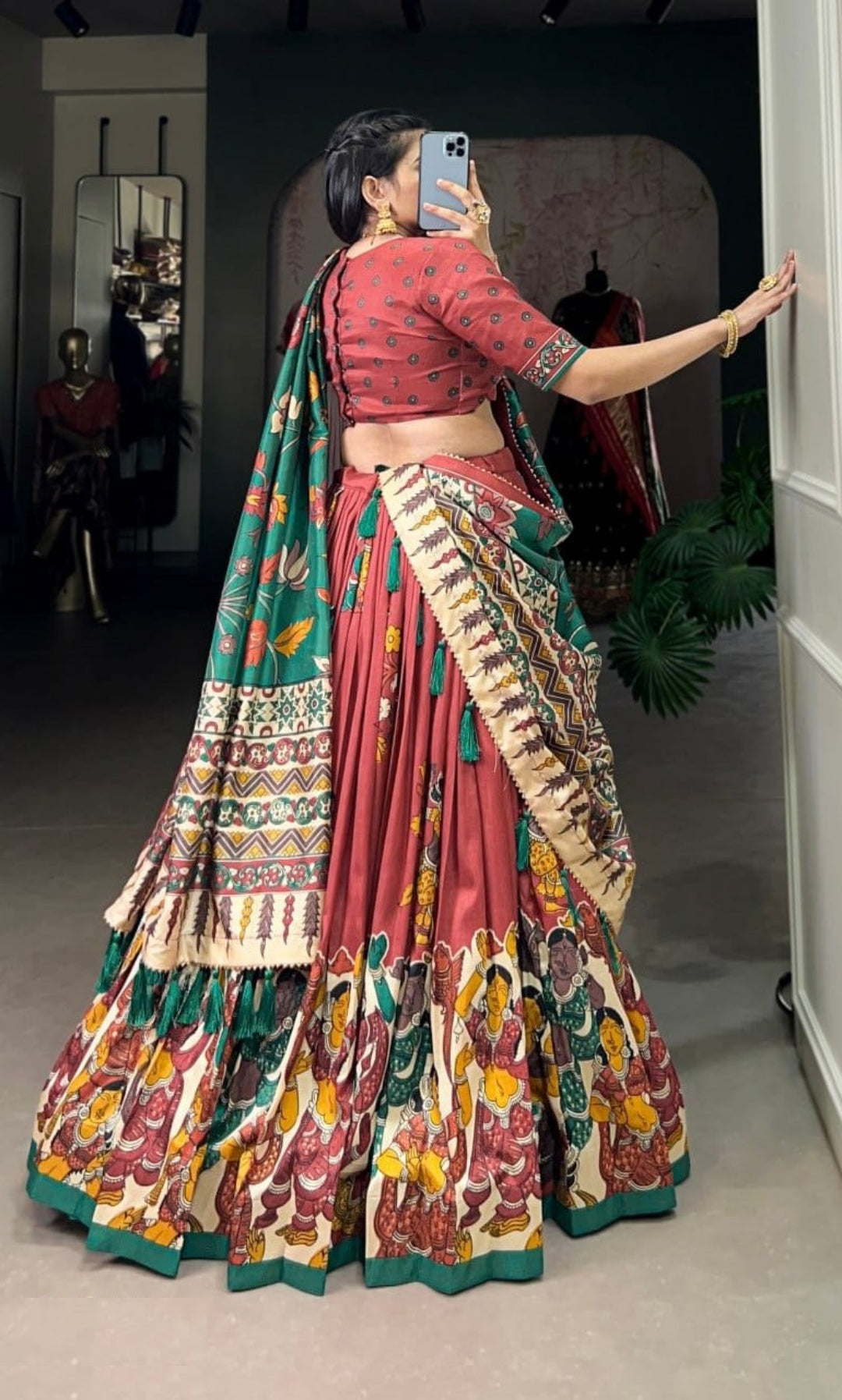 Flawless Rust Tussar Silk Kalamkari With Foil Work Printed Lehenga