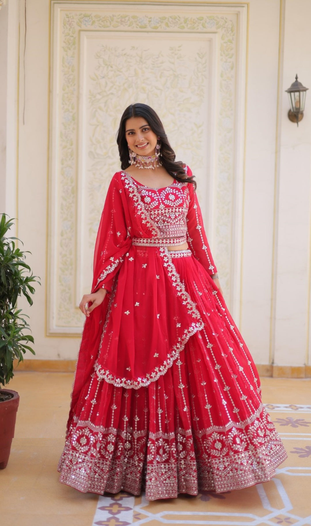 Polished Red Georgette Gliterring Lehenga With Embroidery Sequins Work