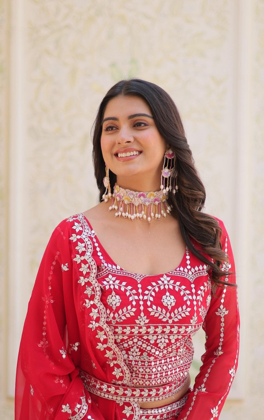 Polished Red Georgette Gliterring Lehenga With Embroidery Sequins Work