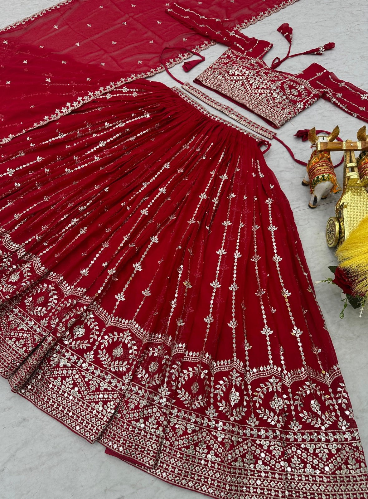 Polished Red Georgette Gliterring Lehenga With Embroidery Sequins Work