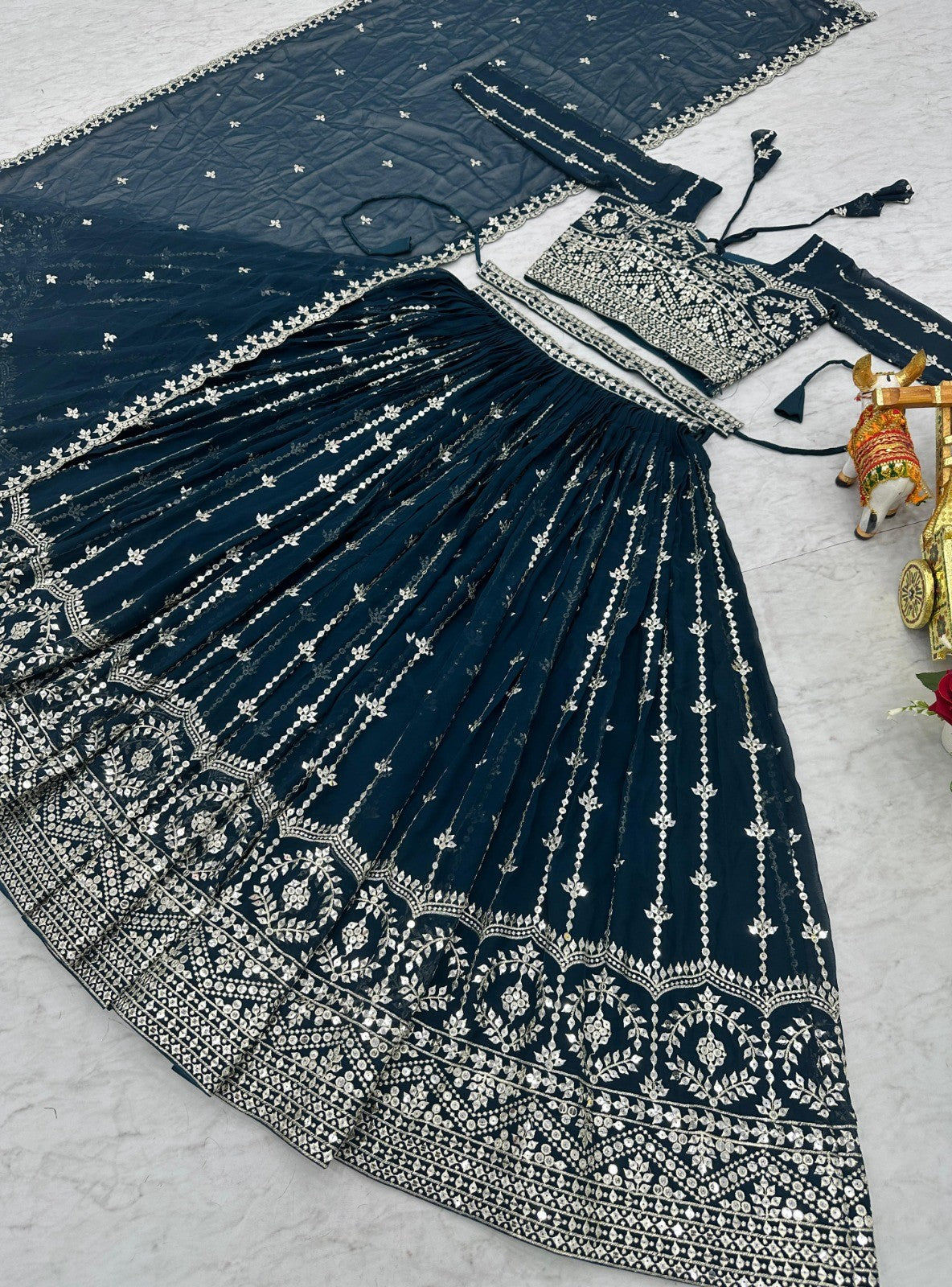 Opulent Navy Blue Georgette Gliterring Lehenga With Embroidery Sequins Work