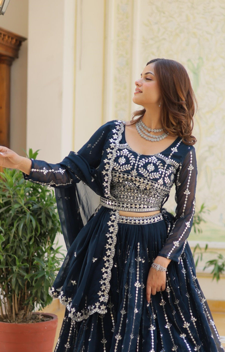 Opulent Navy Blue Georgette Gliterring Lehenga With Embroidery Sequins Work