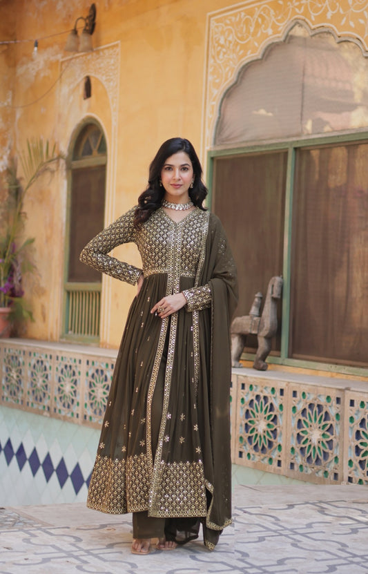 Pretty Brown Georgette With Embroidered Work Front-Slit Salwar Suit Set