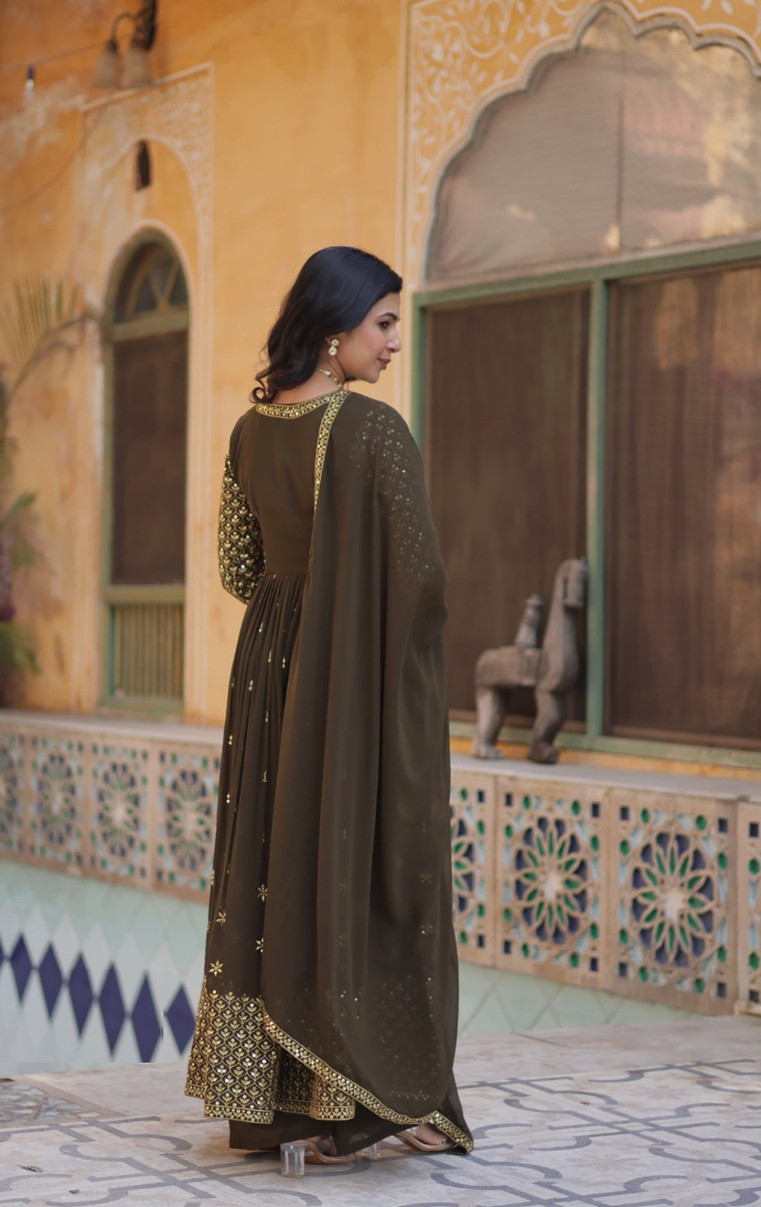 Pretty Brown Georgette With Embroidered Work Front-Slit Salwar Suit Set