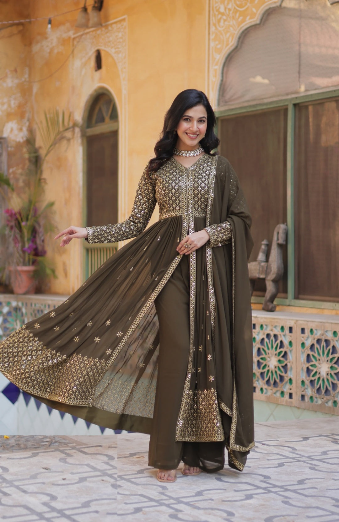 Pretty Brown Georgette With Embroidered Work Front-Slit Salwar Suit Set