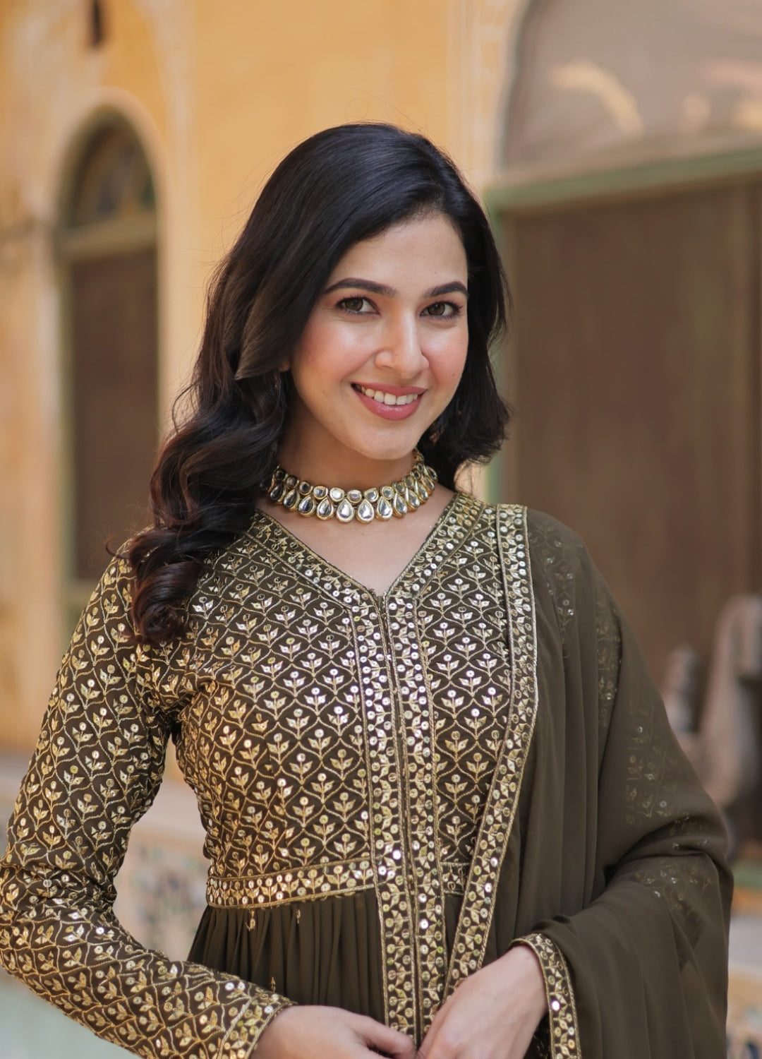 Pretty Brown Georgette With Embroidered Work Front-Slit Salwar Suit Set
