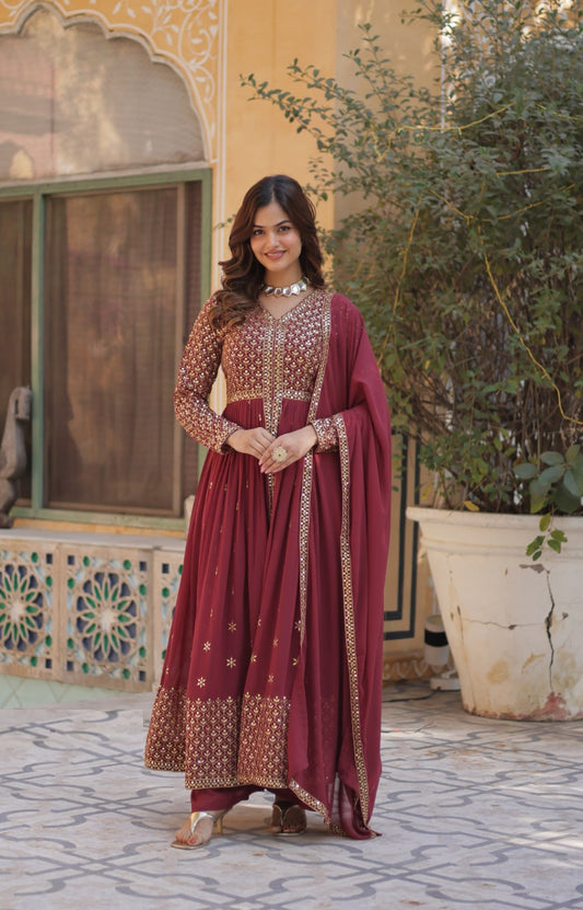 Charming Burgundy Georgette With Embroidered Work Front-Slit Salwar Suit Set
