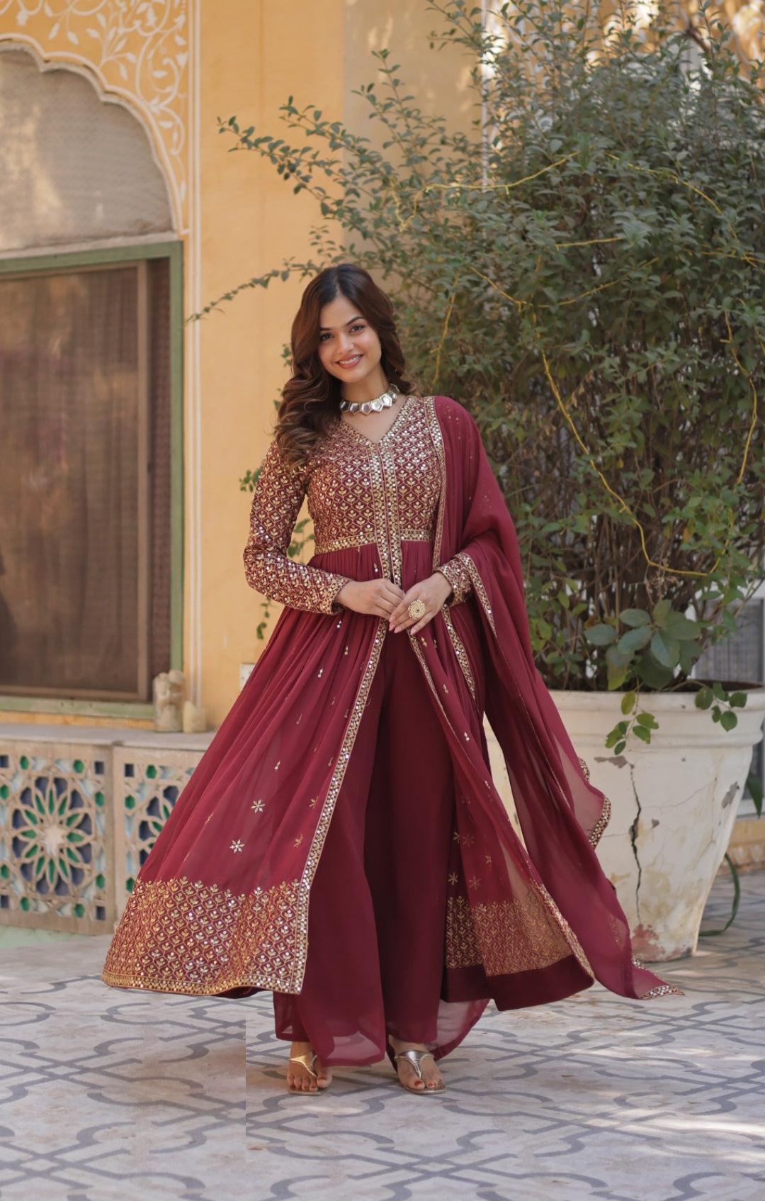 Charming Burgundy Georgette With Embroidered Work Front-Slit Salwar Suit Set