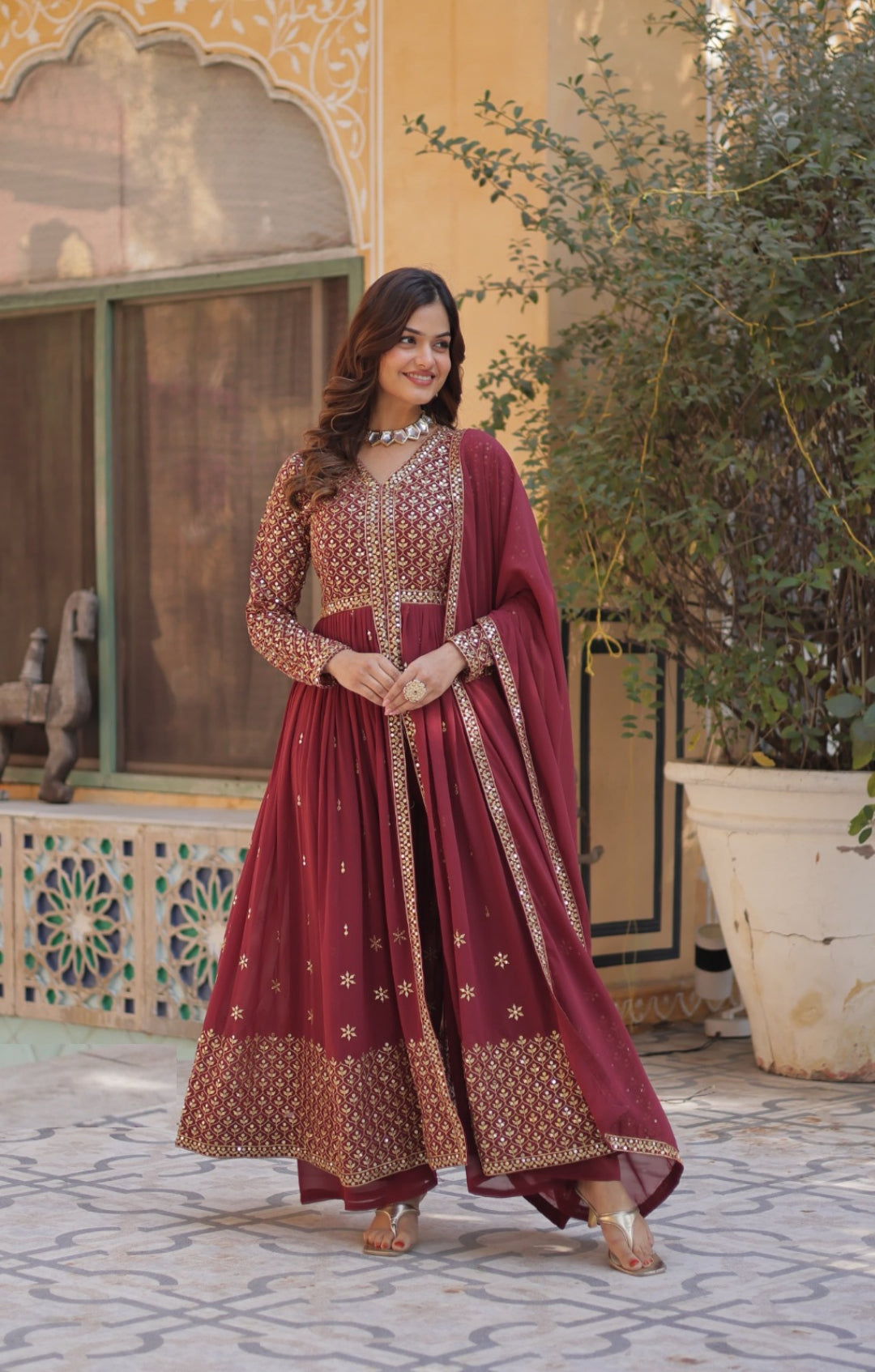 Charming Burgundy Georgette With Embroidered Work Front-Slit Salwar Suit Set