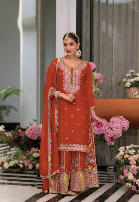 Comfy Rust Chinon With Embroidery Work Palazzo-Bottom Suit Set