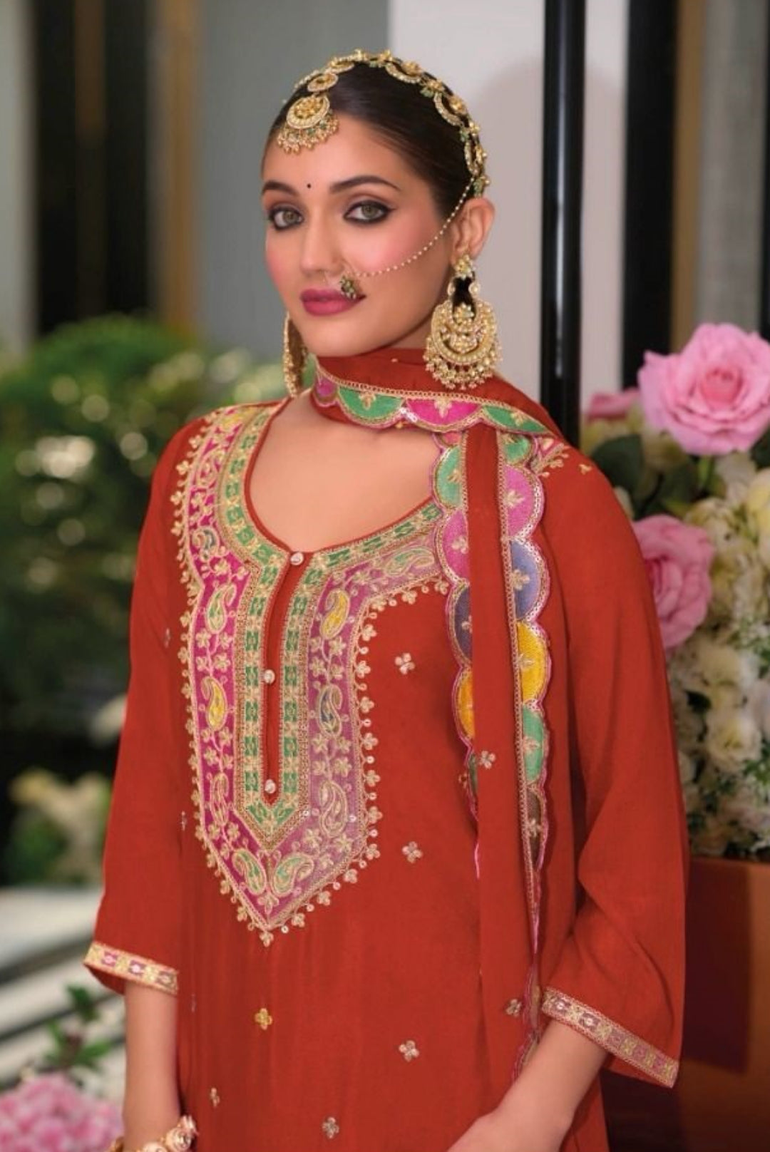 Comfy Rust Chinon With Embroidery Work Palazzo-Bottom Suit Set