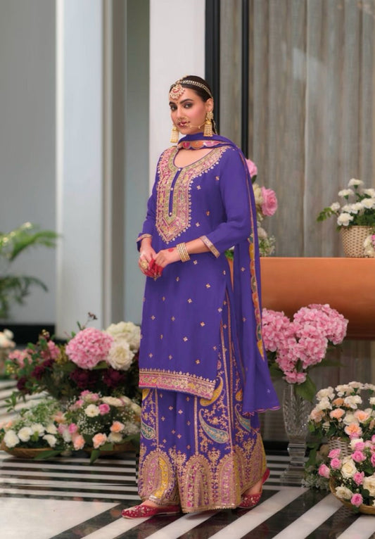 Magnificent Purple Chinon With Embroidery Work Palazzo-Bottom Suit Set