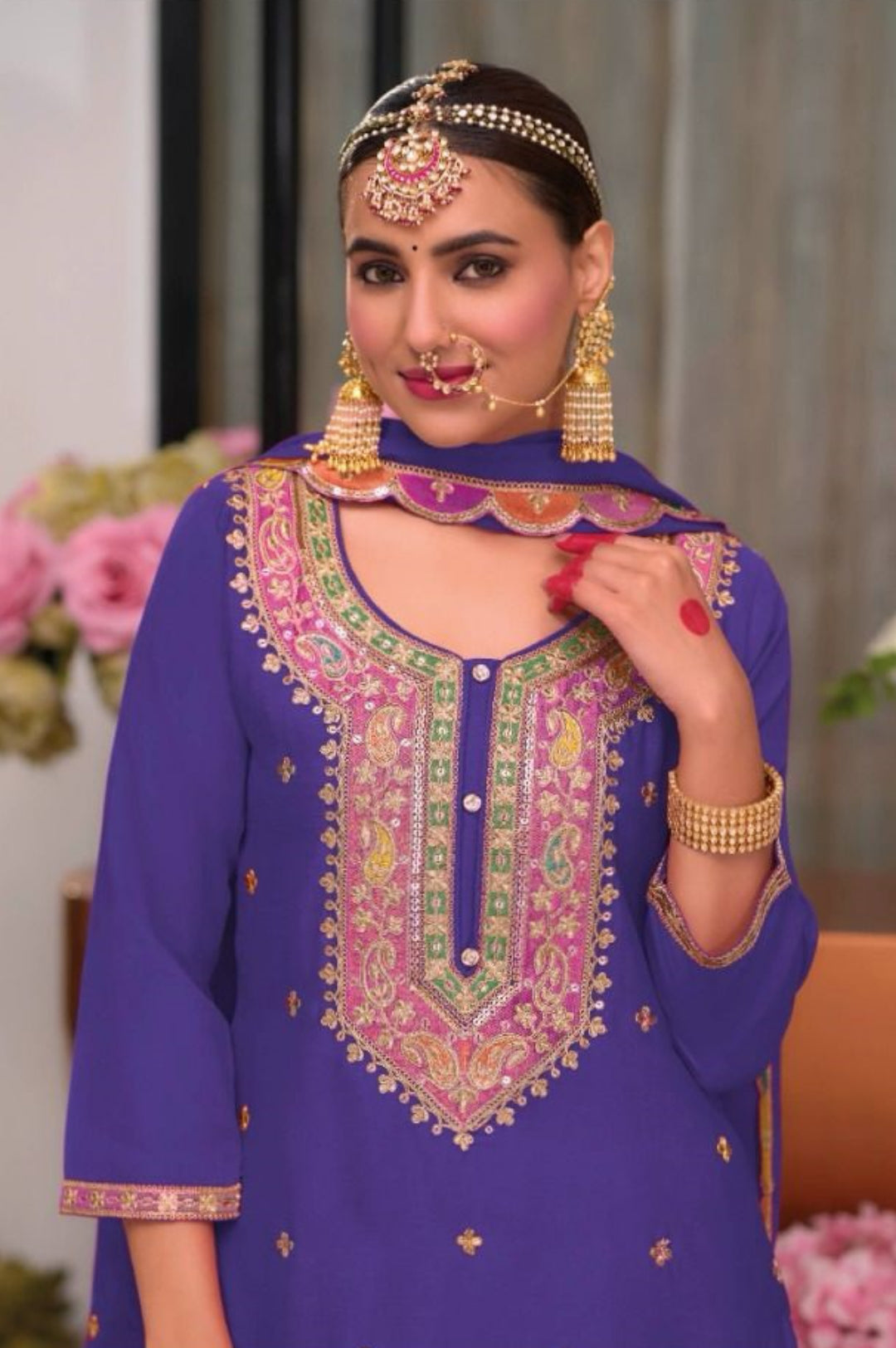 Magnificent Purple Chinon With Embroidery Work Palazzo-Bottom Suit Set