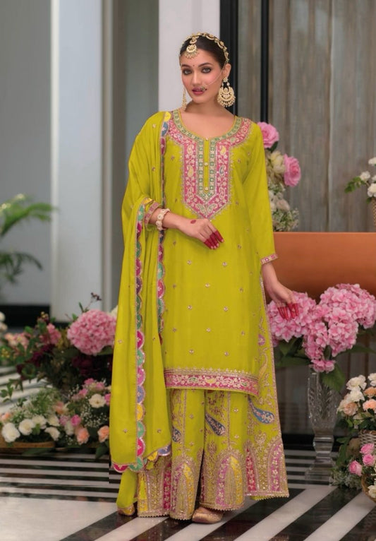 Chic Green Chinon With Embroidery Work Palazzo-Bottom Suit Set