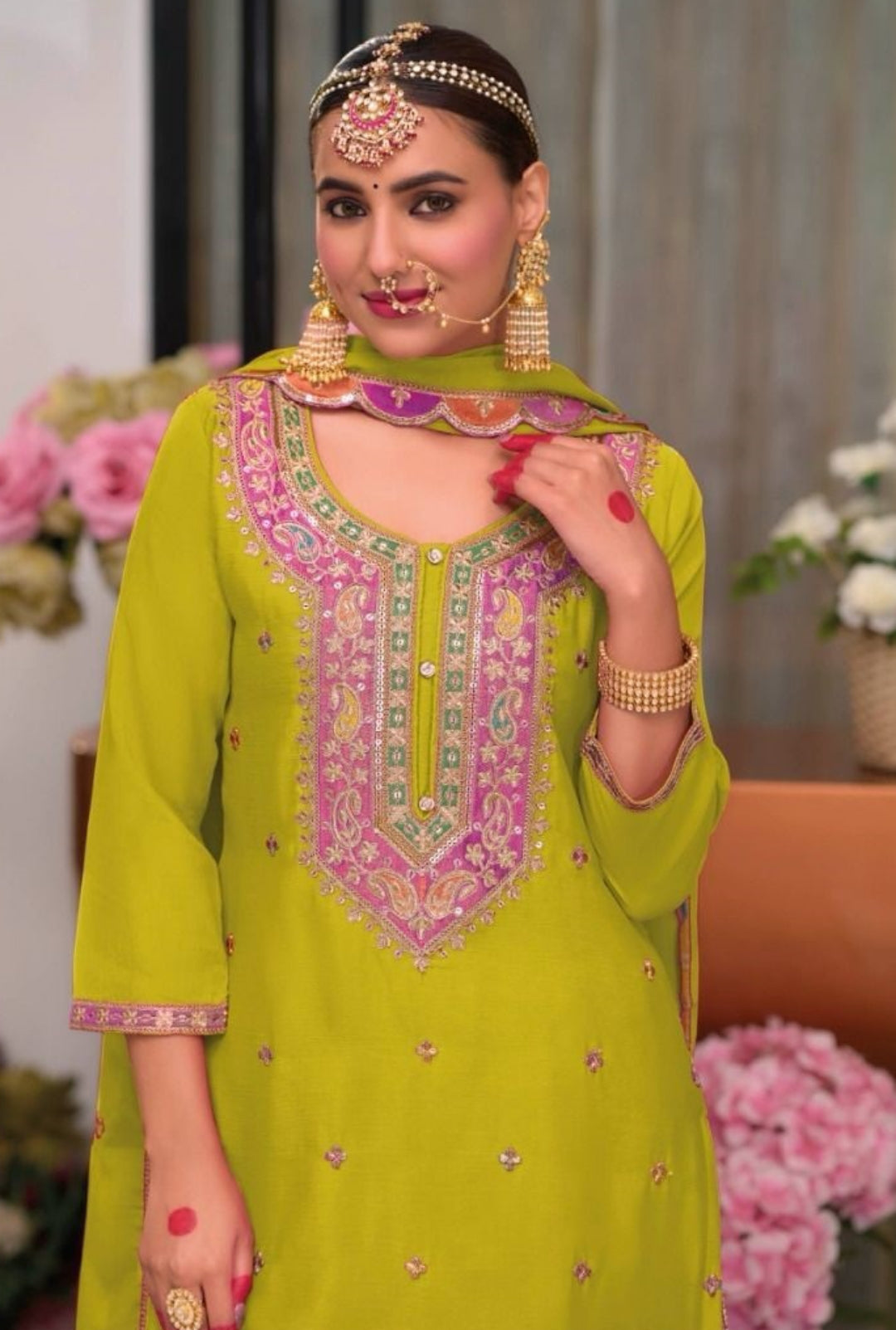 Chic Green Chinon With Embroidery Work Palazzo-Bottom Suit Set
