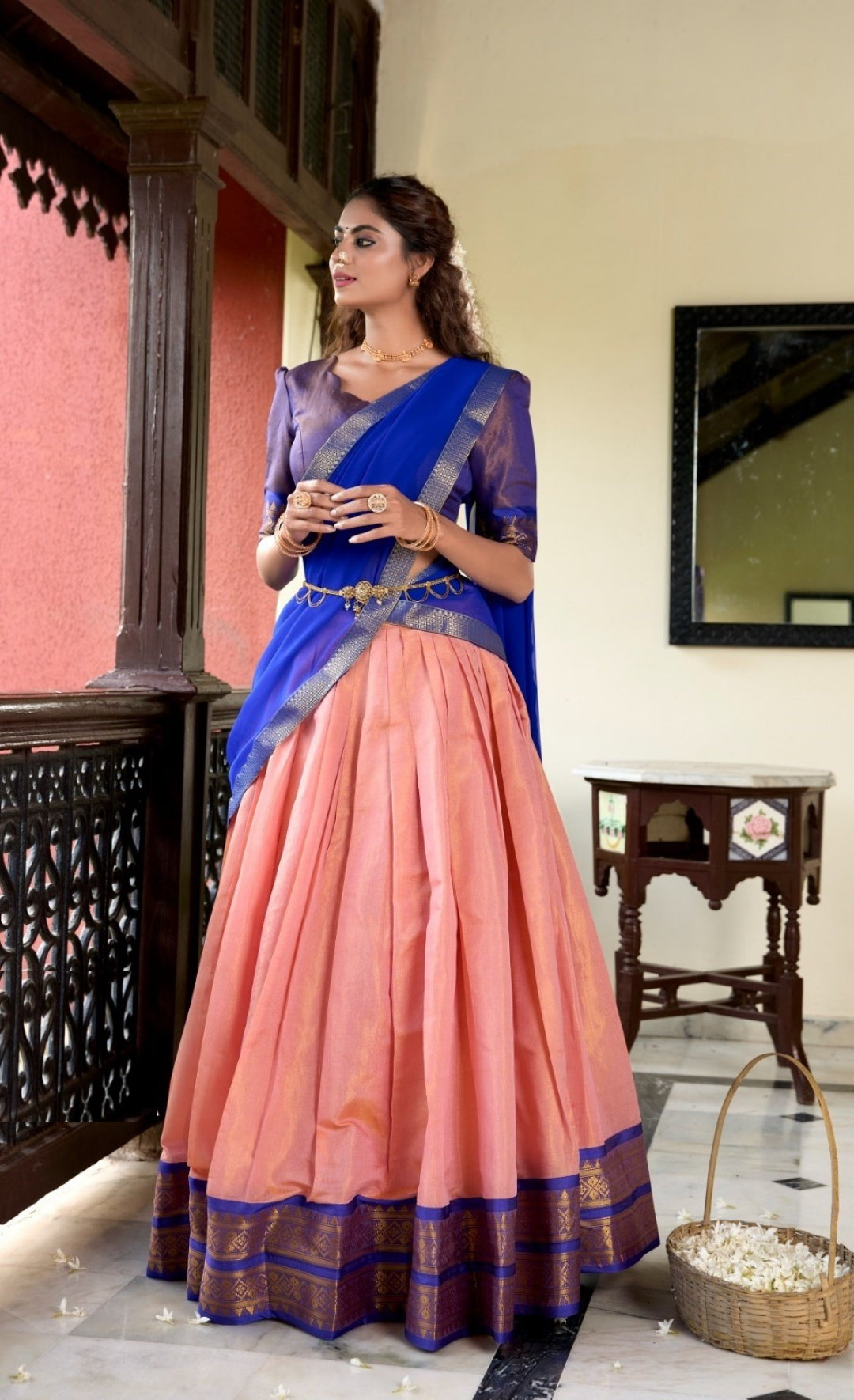 Women Peach And Blue Kanchipuram Zari Weaving Work Traditional Lehenga