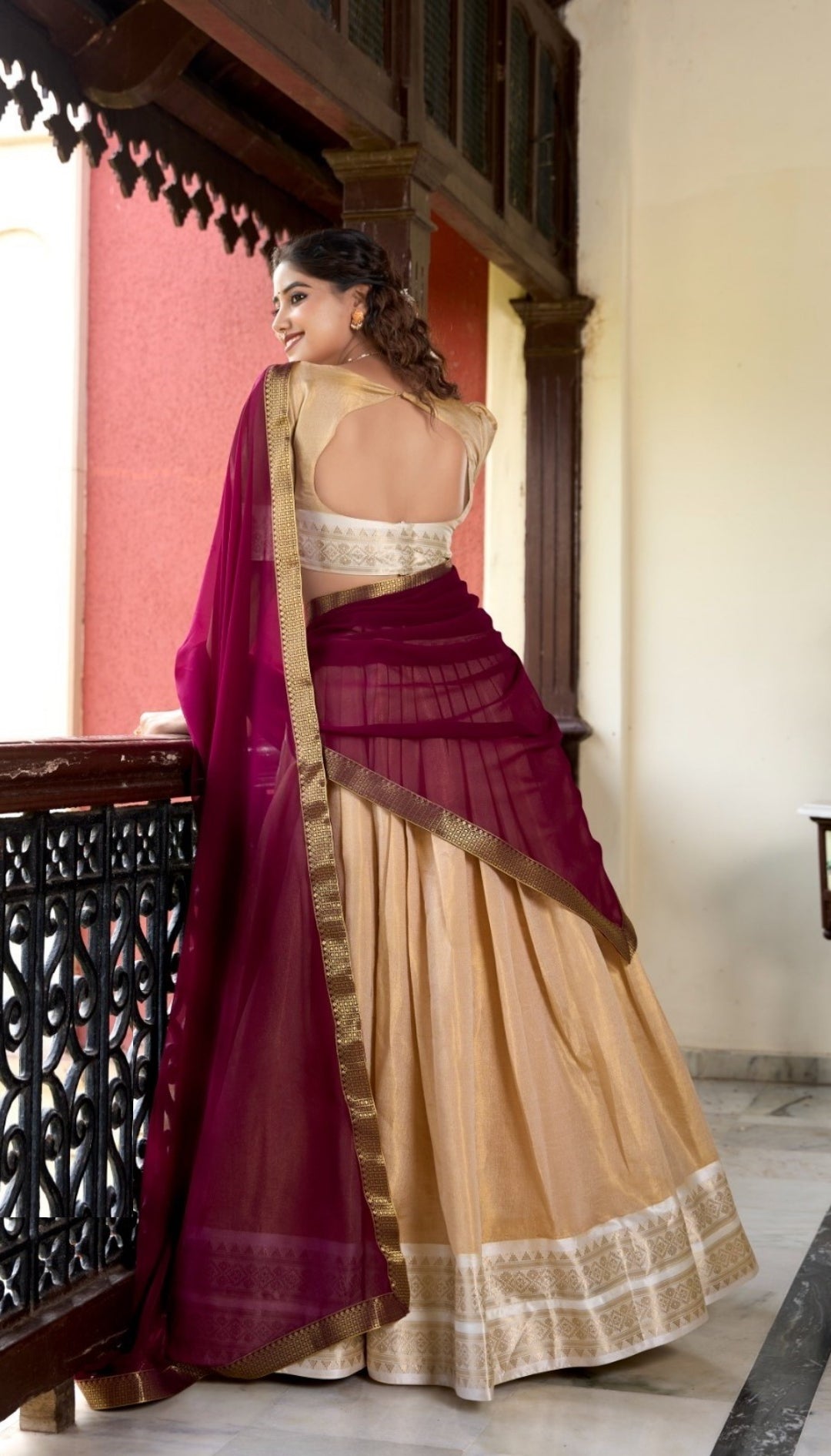 Women Beige Kanchipuram Zari Weaving Work Traditional Lehenga