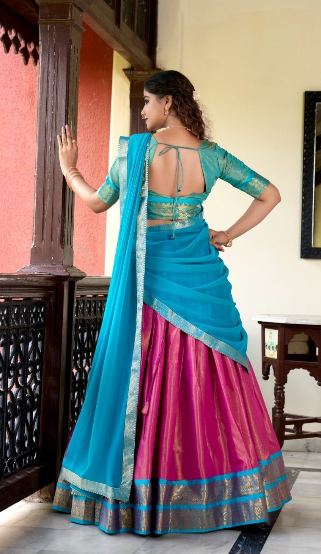 Women Pink And Blue Kanchipuram Zari Weaving Work Traditional Lehenga