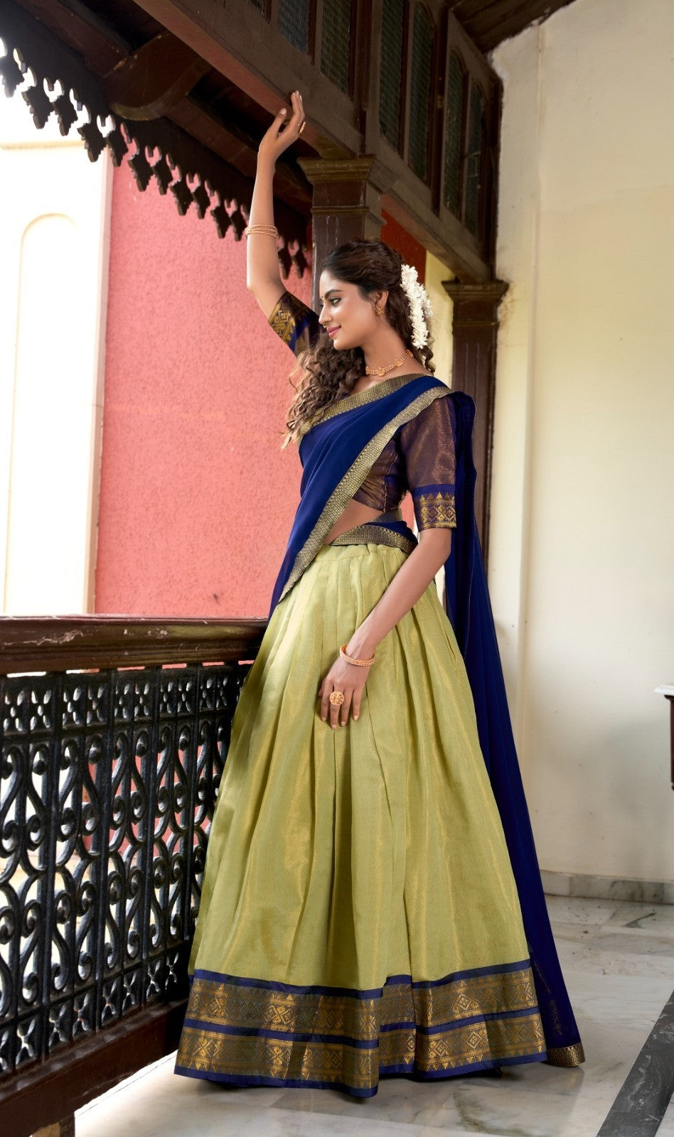 Women Beige And Blue Kanchipuram Zari Weaving Work Traditional Lehenga