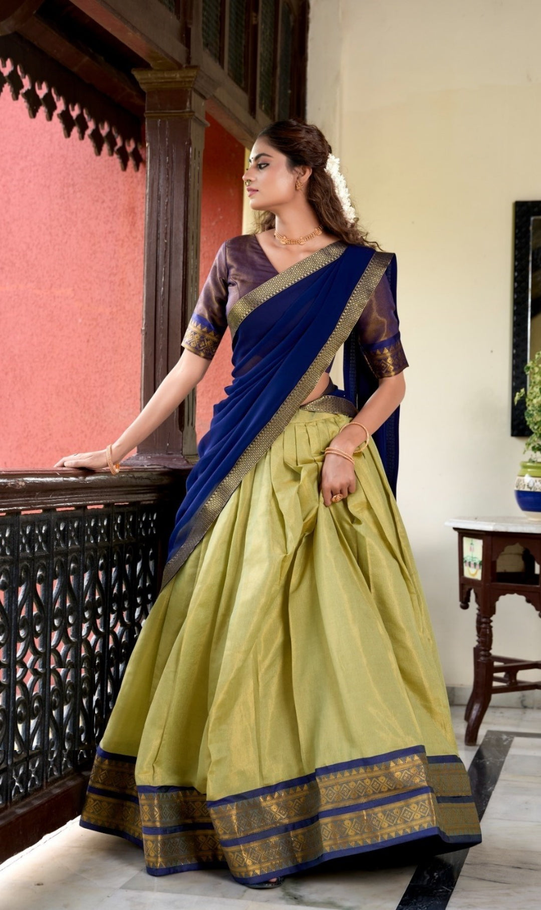 Women Beige And Blue Kanchipuram Zari Weaving Work Traditional Lehenga