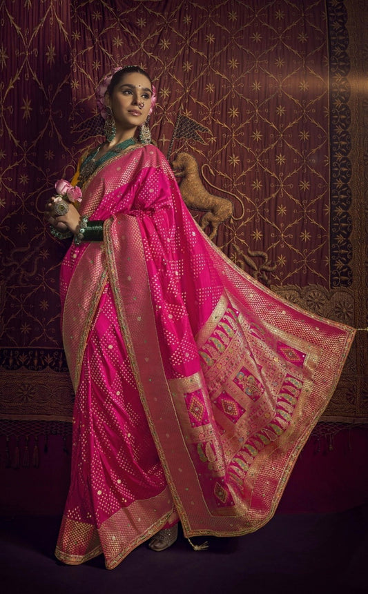 Avant-Garde Pink And Orange Viscose Dola Silk With Handwork Embroidery Saree