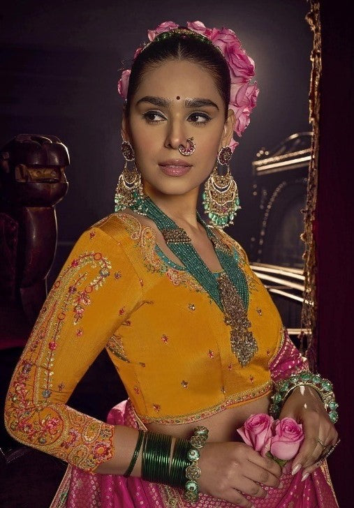 Avant-Garde Pink And Orange Viscose Dola Silk With Handwork Embroidery Saree