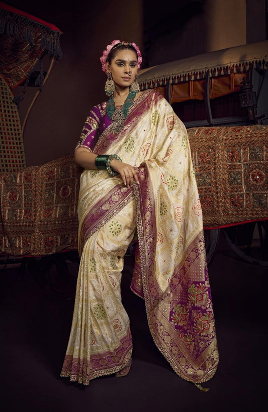 Amazing Cream And Purple Viscose Dola Silk With Handwork Embroidery Saree