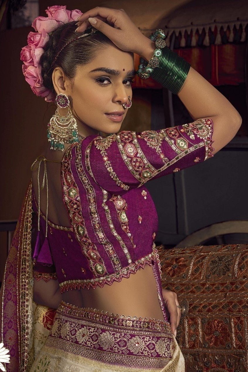 Amazing Cream And Purple Viscose Dola Silk With Handwork Embroidery Saree