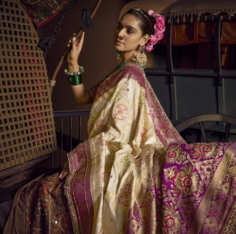 Amazing Cream And Purple Viscose Dola Silk With Handwork Embroidery Saree