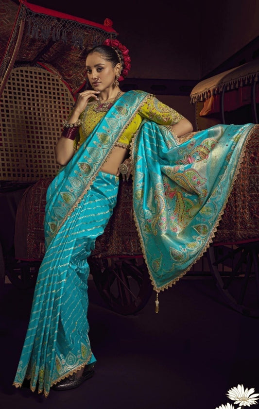 Beautiful Blue And Green Viscose Dola Silk With Handwork Embroidery Saree
