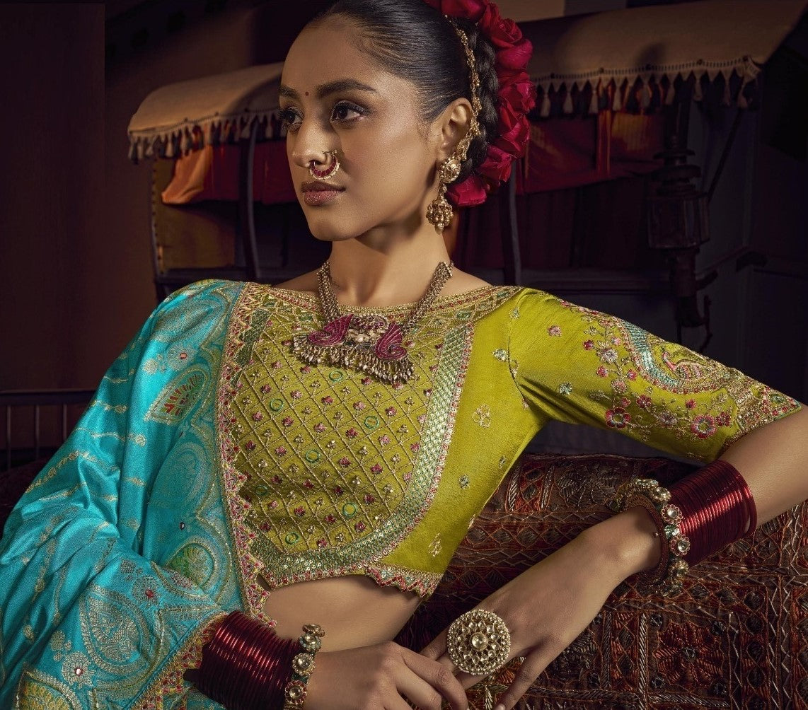 Beautiful Blue And Green Viscose Dola Silk With Handwork Embroidery Saree
