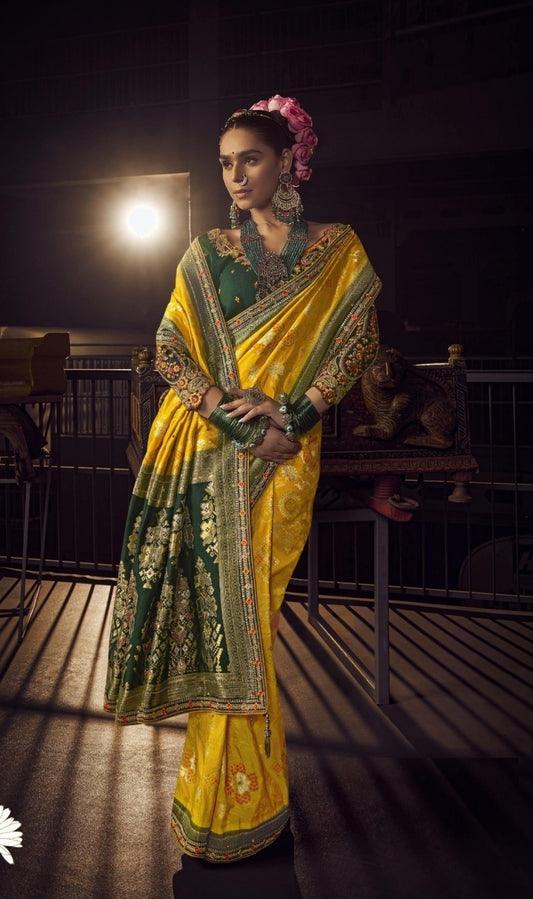 Fantastic Yellow And Bottle Green Viscose Dola Silk With Handwork Embroidery Saree