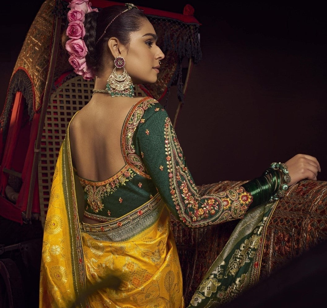 Fantastic Yellow And Bottle Green Viscose Dola Silk With Handwork Embroidery Saree