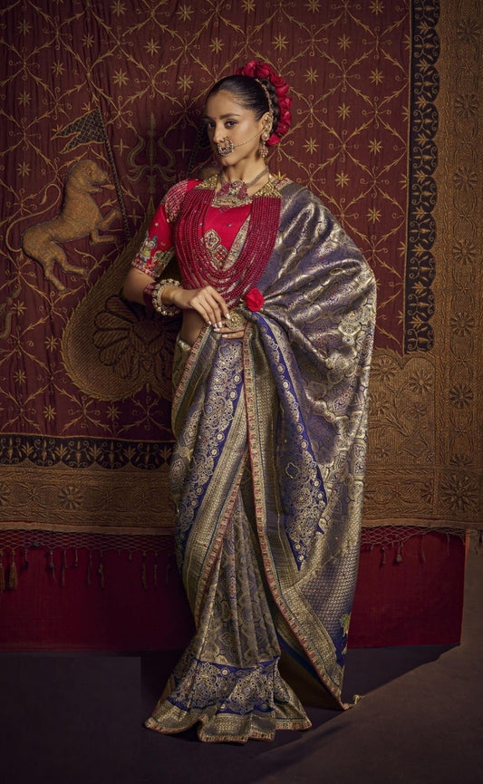Gorgeous Navy Blue And Maroon Viscose Dola Silk With Handwork Embroidery Saree
