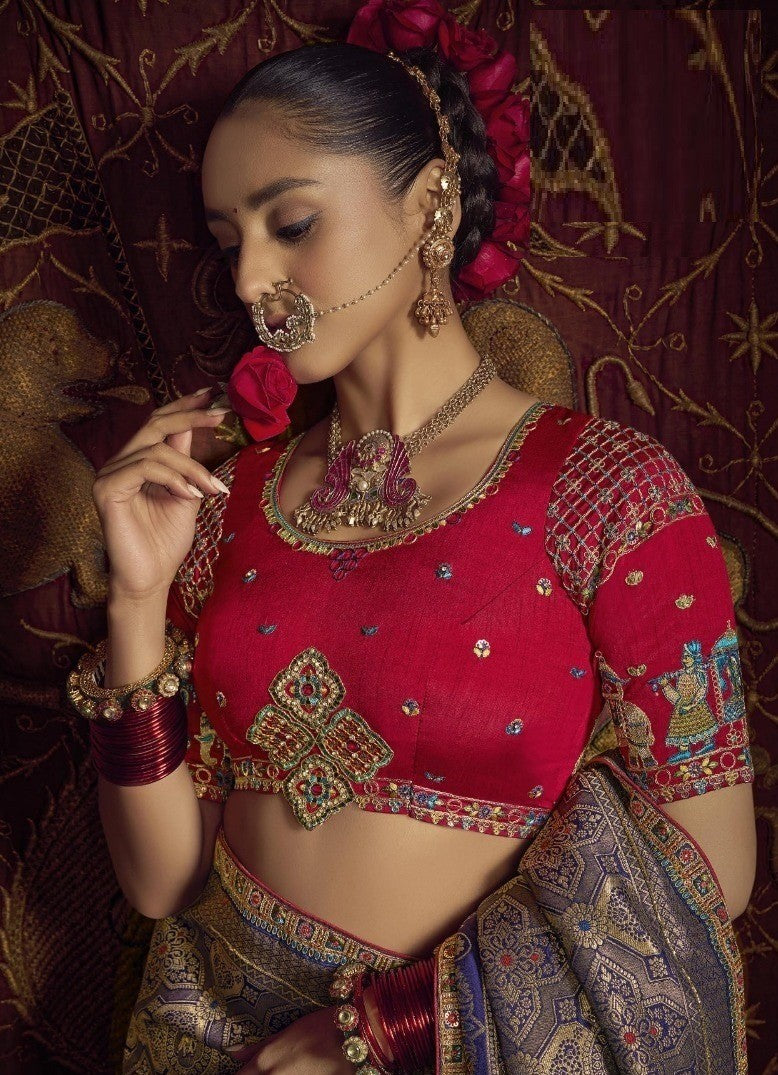 Gorgeous Navy Blue And Maroon Viscose Dola Silk With Handwork Embroidery Saree
