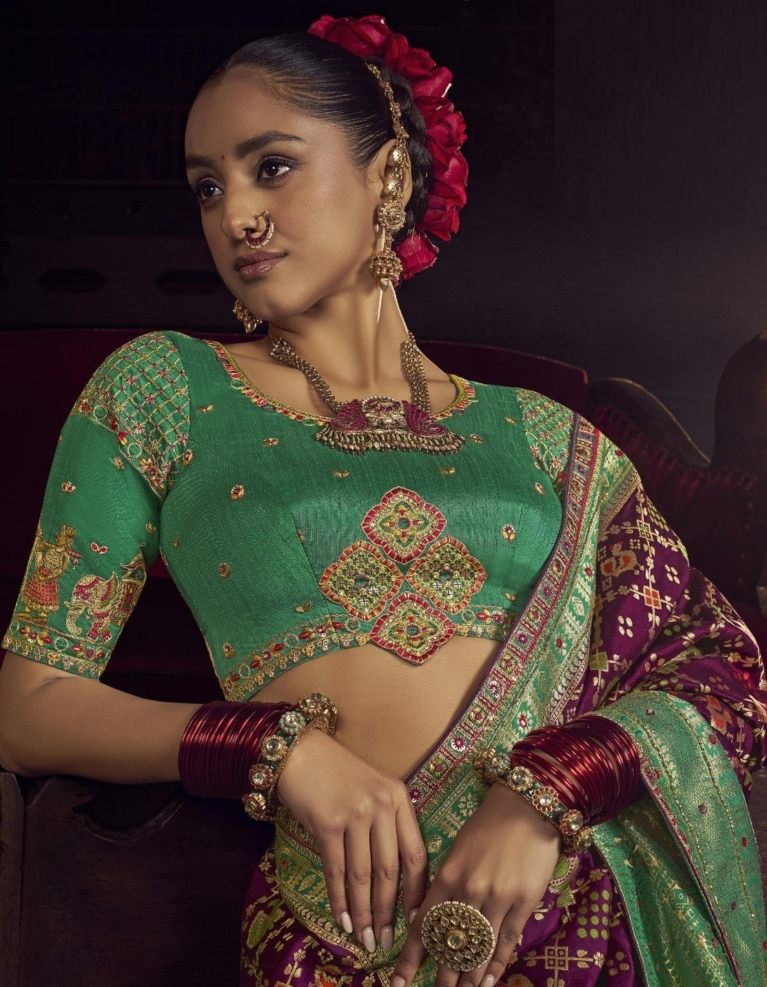 Stunnig Purple And Sea Green Viscose Dola Silk With Handwork Embroidery Saree