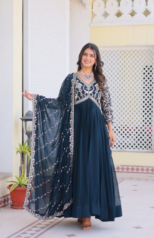 Women Navy Blue Georgette With Sequins Embroidery Work Gown With Dupatta