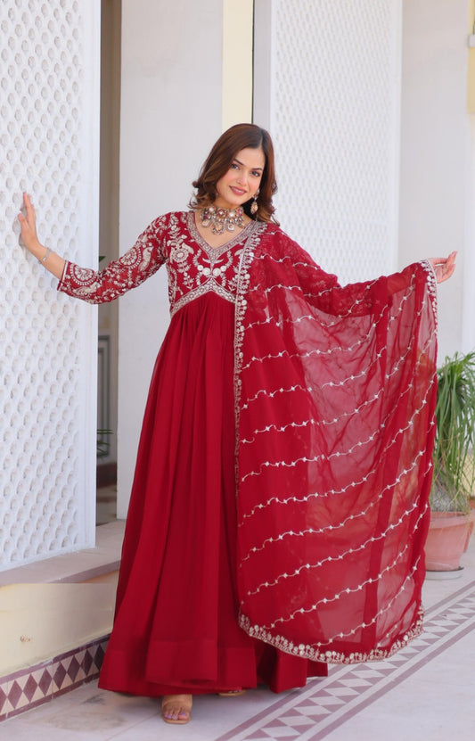 Women Red Georgette With Sequins Embroidery Work Gown With Dupatta