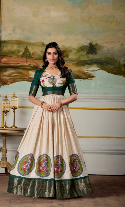 Women Cream And Bottle Green Dola Silk Kalamkari Print With Zari Weaving Broder Floor-Length Gown