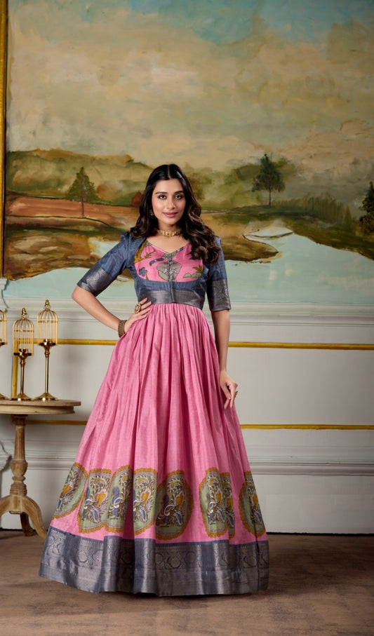 Women Pink And Navy Blue Dola Silk Kalamkari Print With Zari Weaving Broder Floor-Length Gown