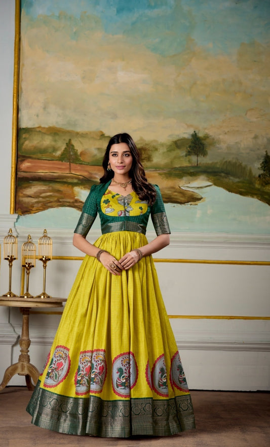 Women Yellow And Green Dola Silk Kalamkari Print With Zari Weaving Broder Floor-Length Gown
