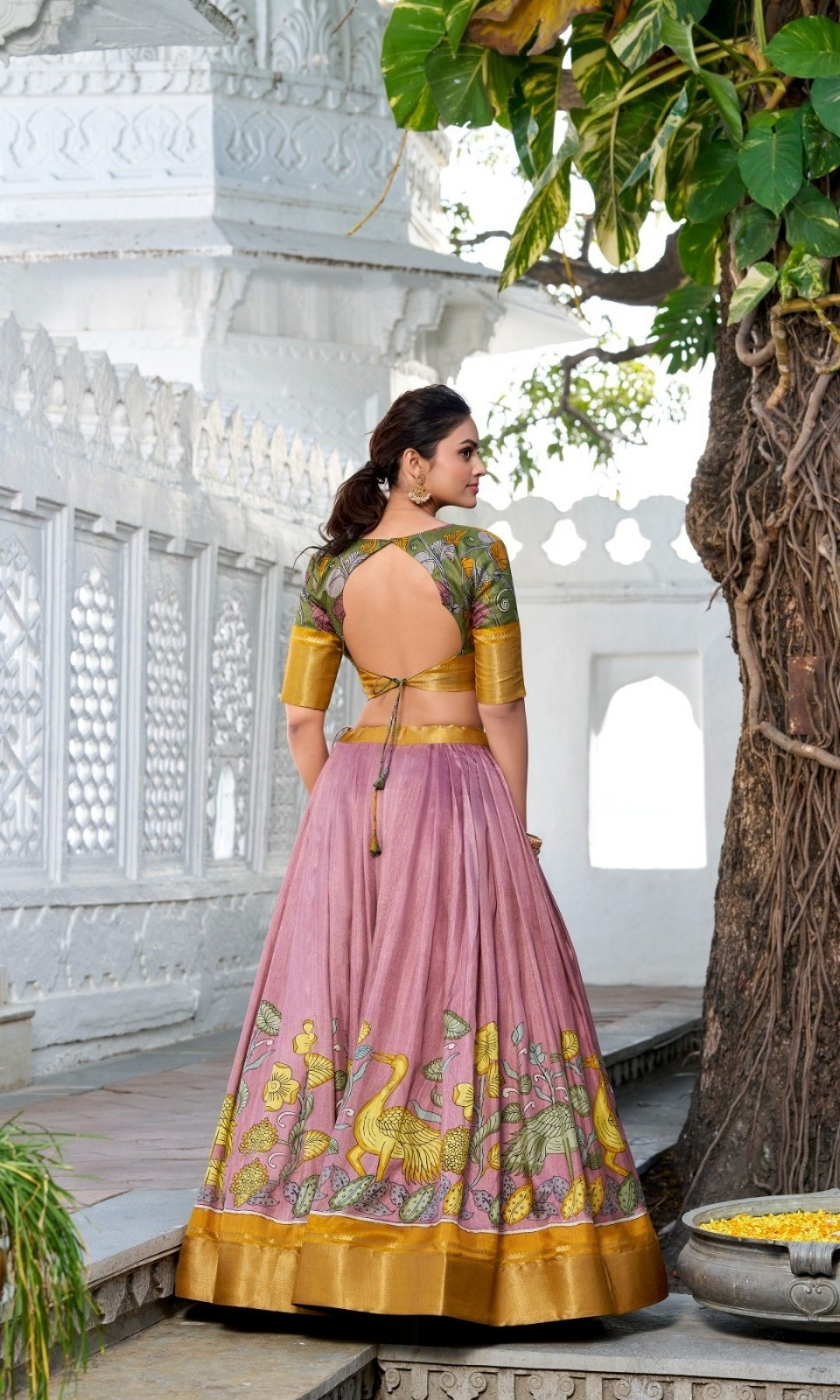 Chic Mauve And Rust Dola Silk Jacquard Floral Print Lehenga