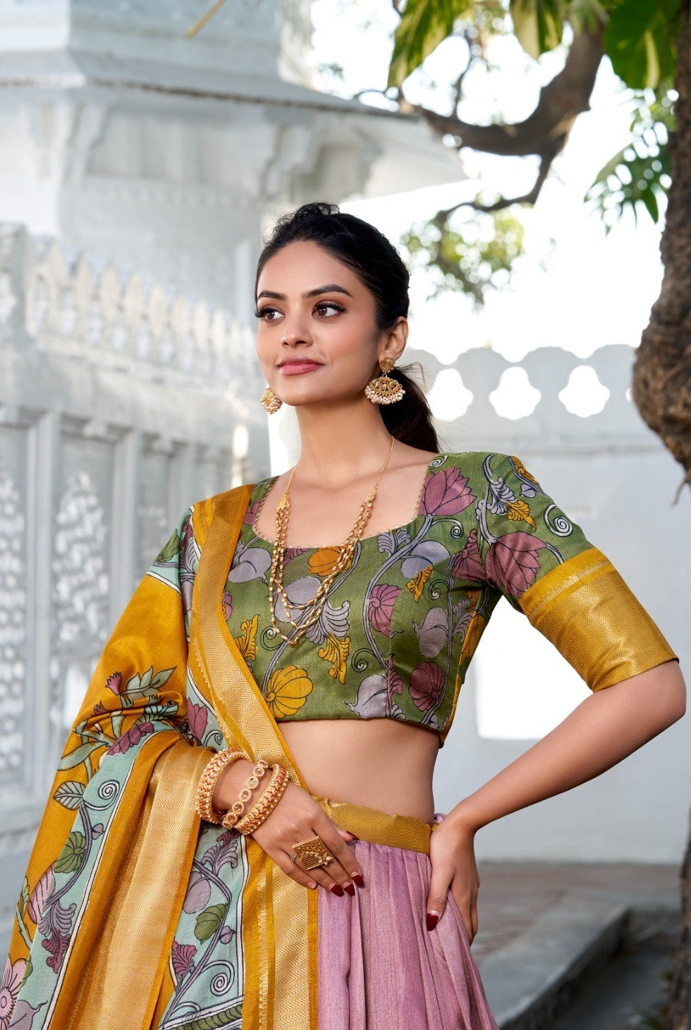 Chic Mauve And Rust Dola Silk Jacquard Floral Print Lehenga
