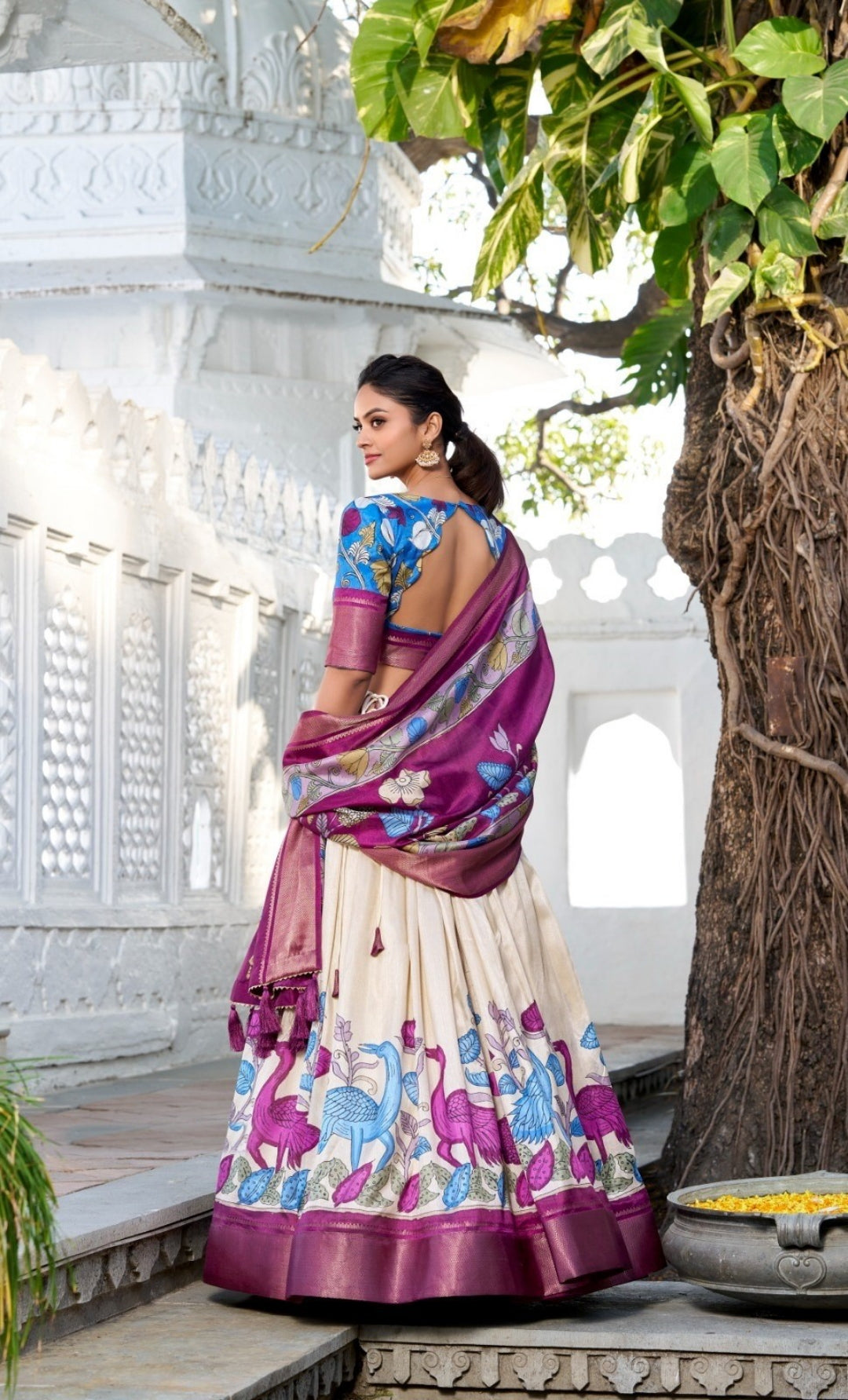 Elegant Off White And Purple Dola Silk Jacquard Floral Print Lehenga
