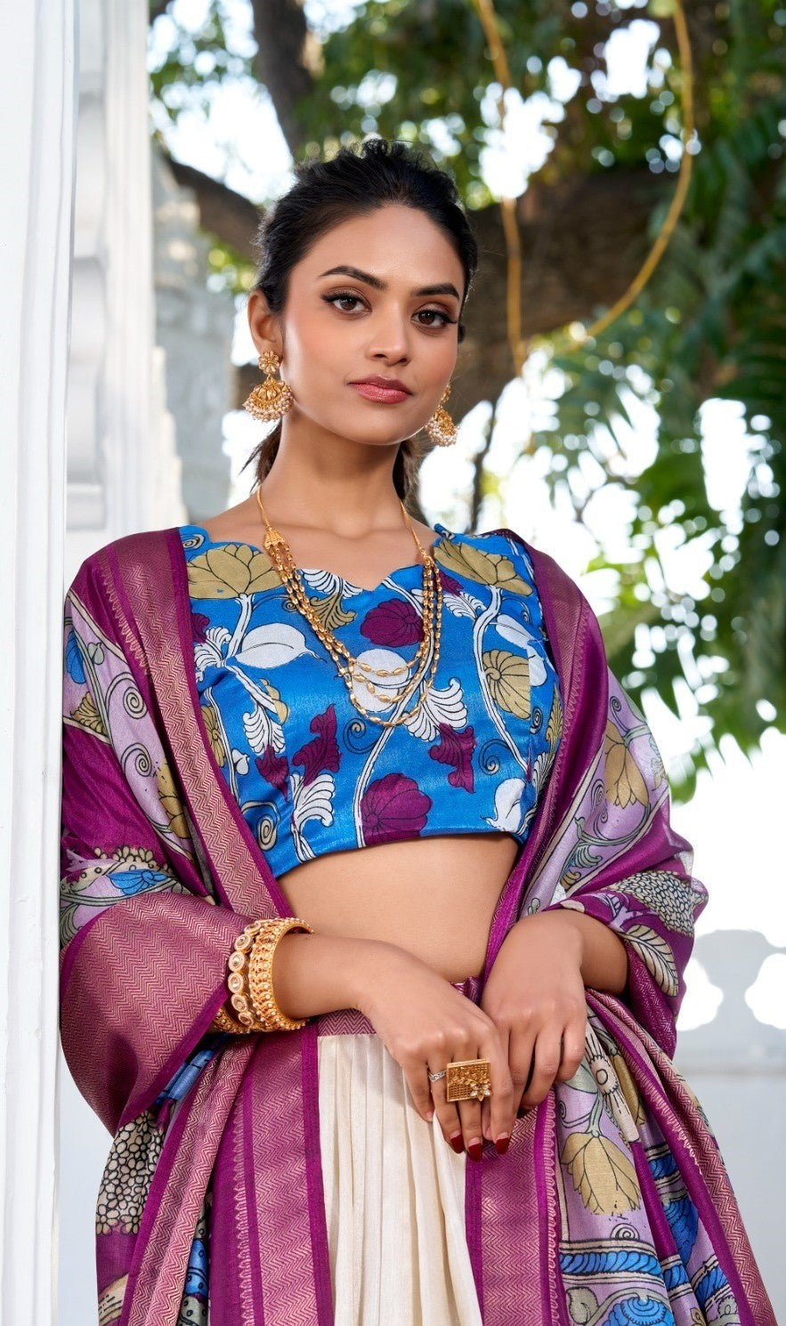 Elegant Off White And Purple Dola Silk Jacquard Floral Print Lehenga