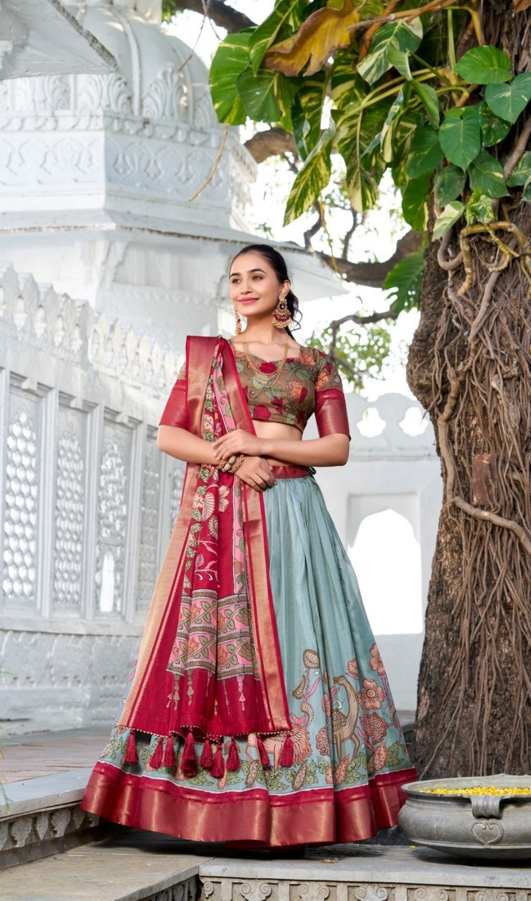 Timeless Sea Green And Maroon Dola Silk Jacquard Floral Print Lehenga